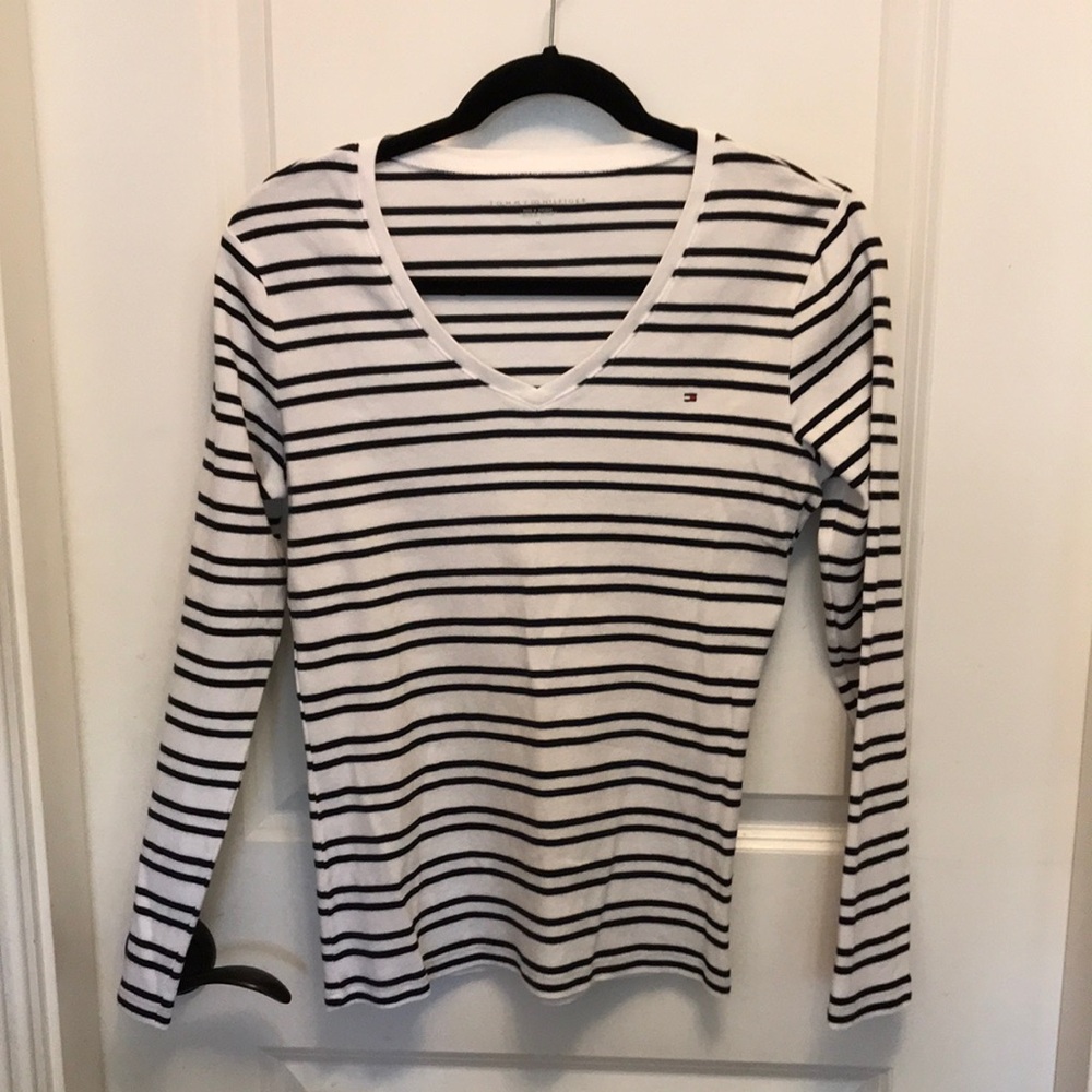 Tommy Hilfiger Striped V-Neck Long Sleeve Top Black & White Medium